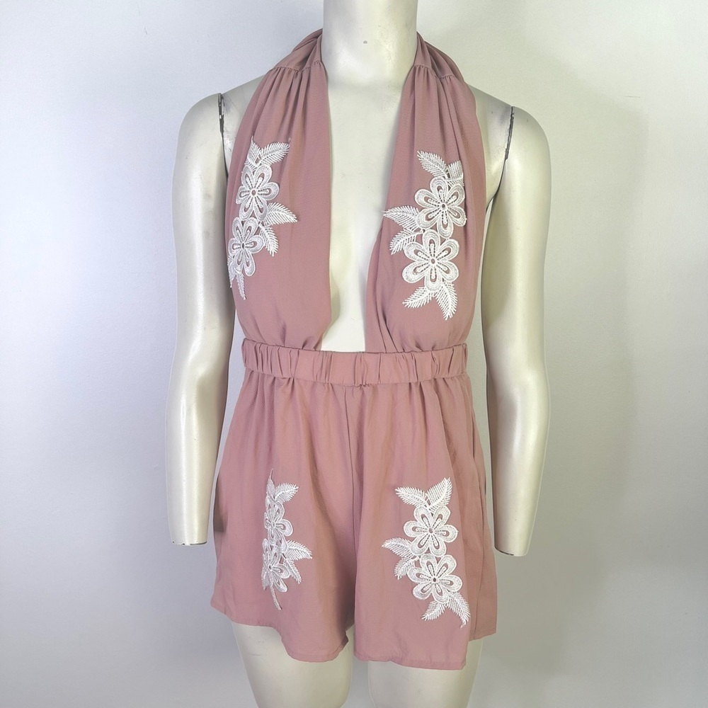 PINK ROMPER PLUNGING NECK PINK  BARBIE BLUSH ROMPERS ELASTIC WAISTBAND MEDIUM - Picture 5 of 11